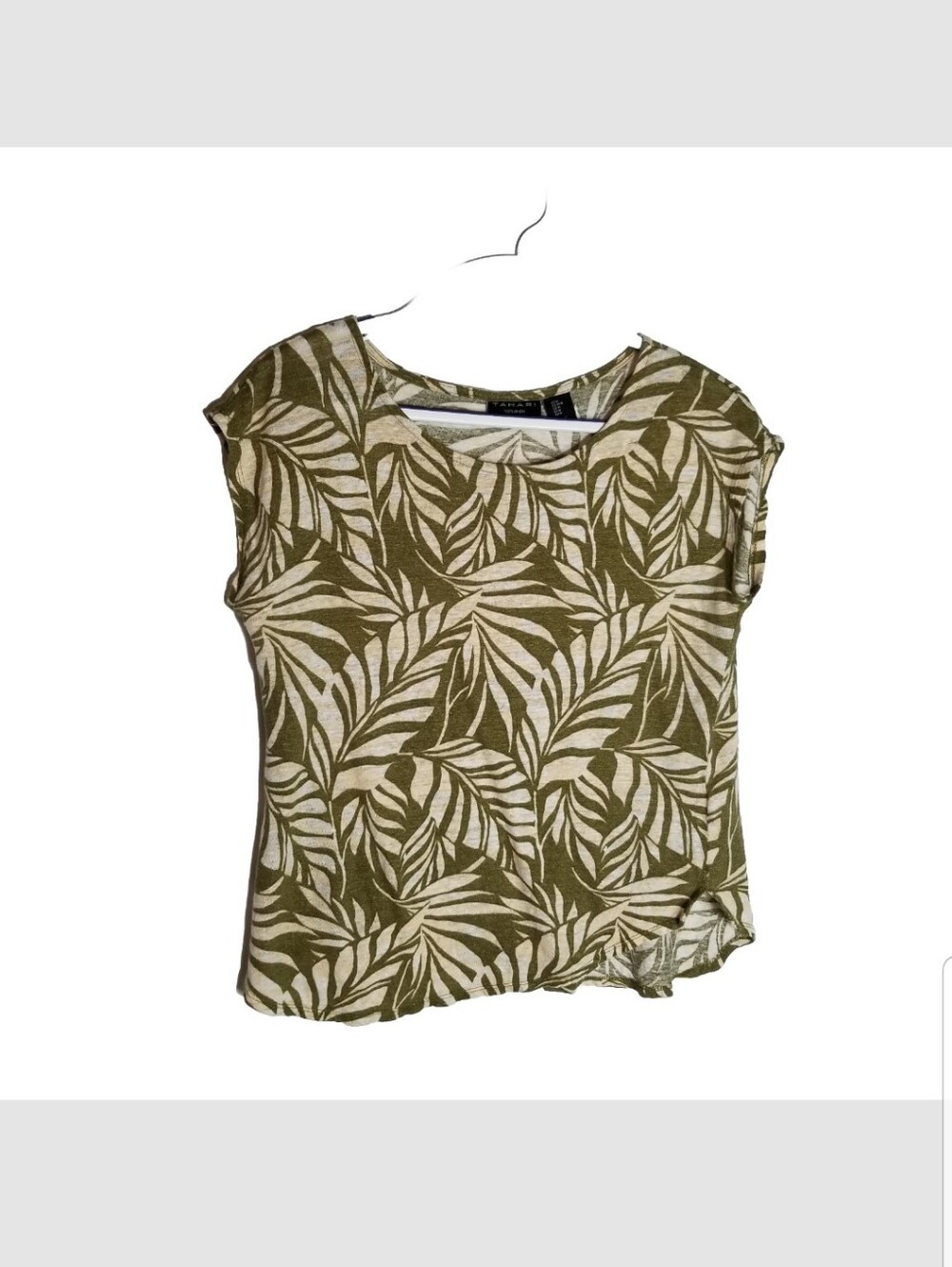 Tahari Top Women's Medium 100% Linen Green Leaves Short Cap Sleeves Side Slits